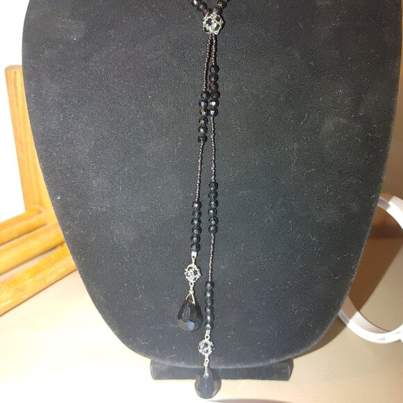 925 Tassels Black Faceted Beaded Necklace Mourning Vintage Victorian Jet Glass - Picture 4 of 16